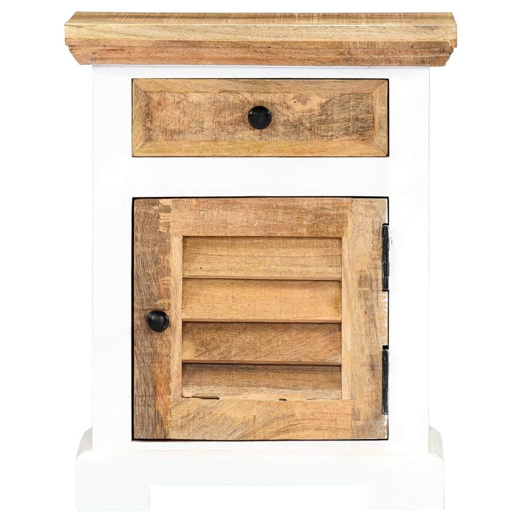 vidaXL Solid Rough Mango Wood Nightstand with Drawer and Door, White and Brown, Scandinavian Farmhouse Style, Bedroom Side Cabinet 15.7"x11.8"x19.6"